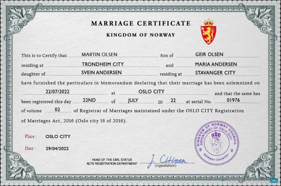 Download Norway marriage certificate PSD template Photoshop template